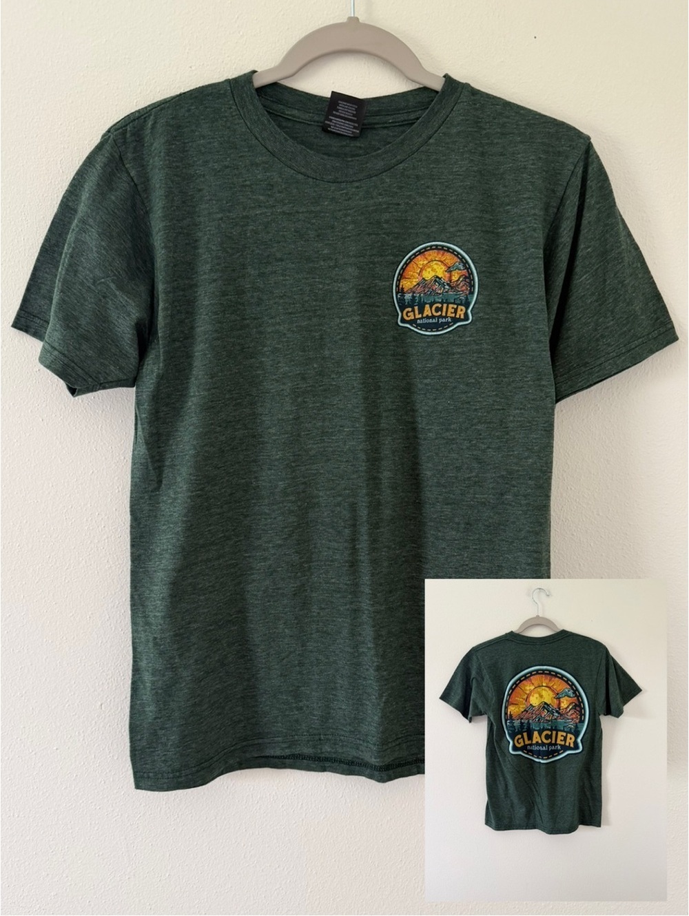 Glacier National Park Heather Forest Green Mountain Tee size small